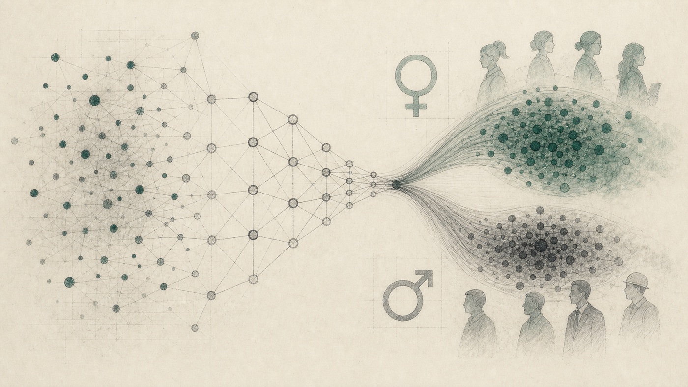 Abstract sketch of embedding clusters and algorithmic bias