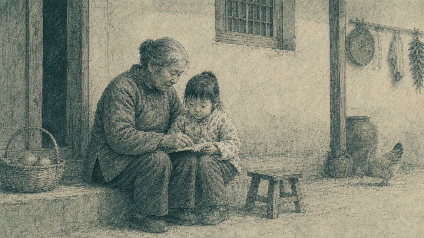 Sketch of grandmother caring for a child in a rural courtyard