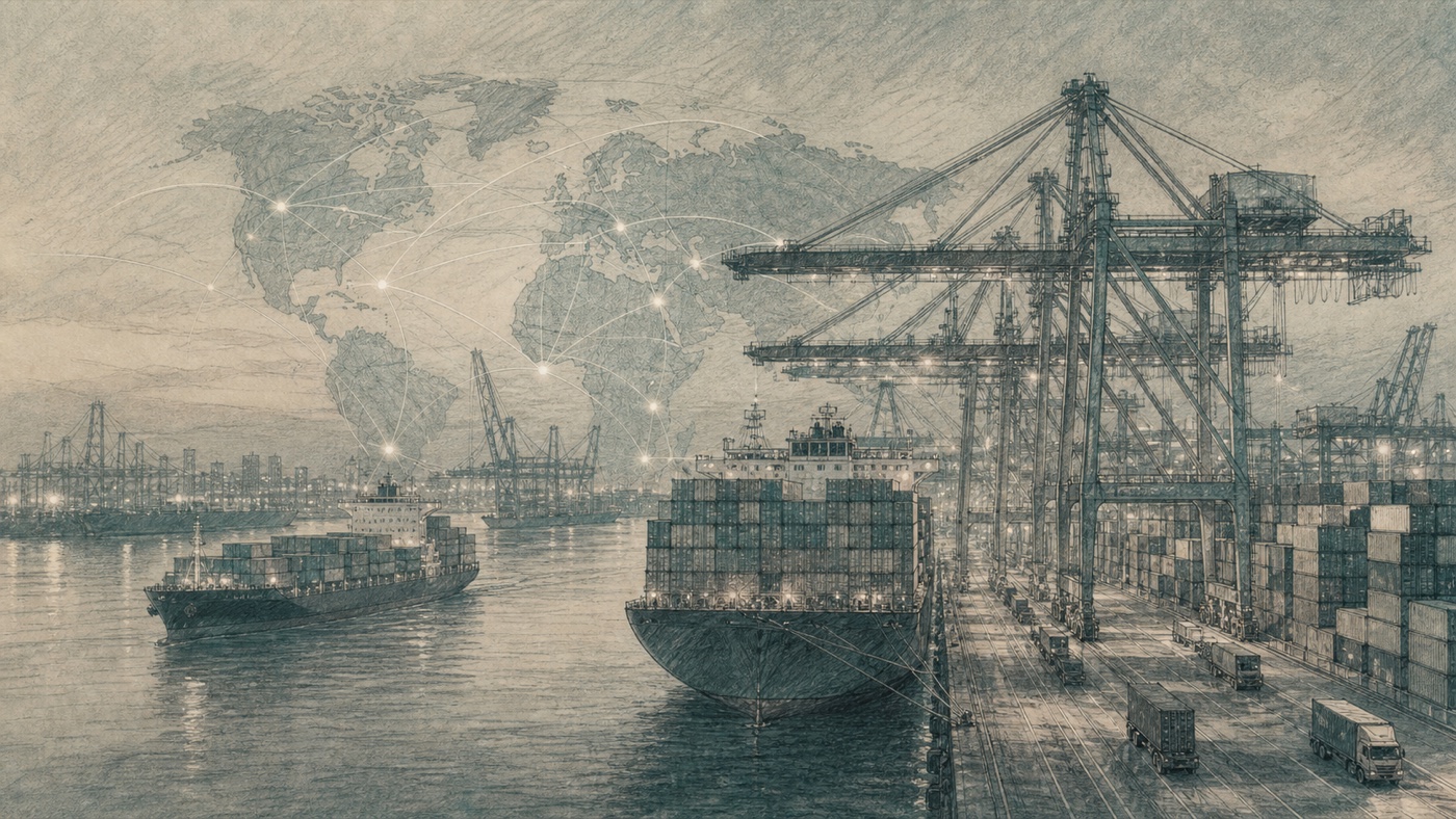 Sketch of container port cranes and cargo ships
